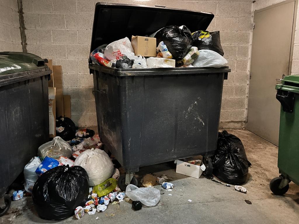 Överfullt avfallskärl med säckar och skräp på golvet