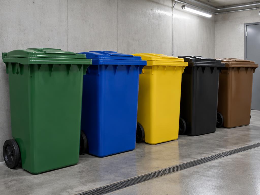 Rad med rena avfallskärl för olika fraktioner i ett återvinningsrum