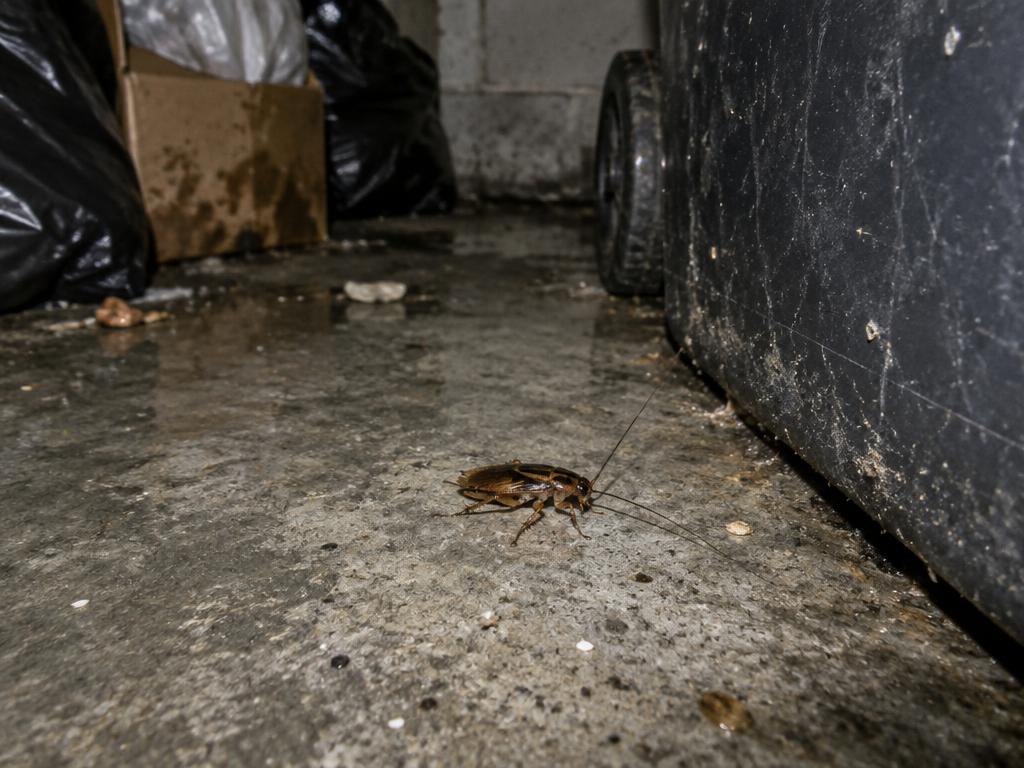 Kackerlacka på golvet i ett återvinningsrum